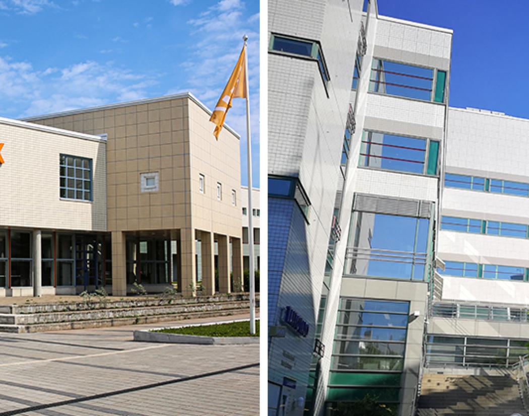 Oulun ammattikorkeakoulu ulkoa päin kuvattua ja kuvan toisella puolella Taitotalon julkisivu.