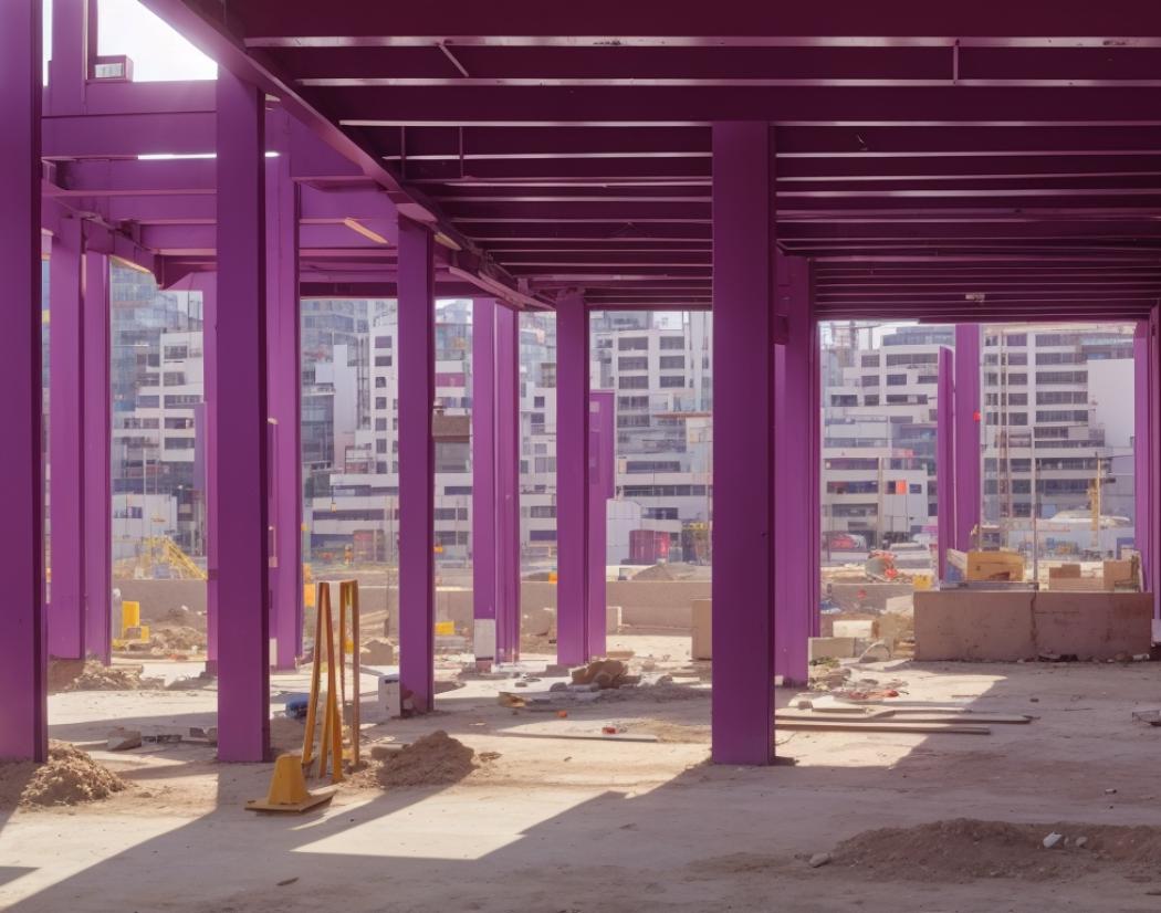 Artikkelin kuvituskuva, jossa tulevaisuuden rakennustyömaan näkymä. Edessä violetti keskeneräinen rakennus ja taustalla pilvenpiirtäsiluetti.