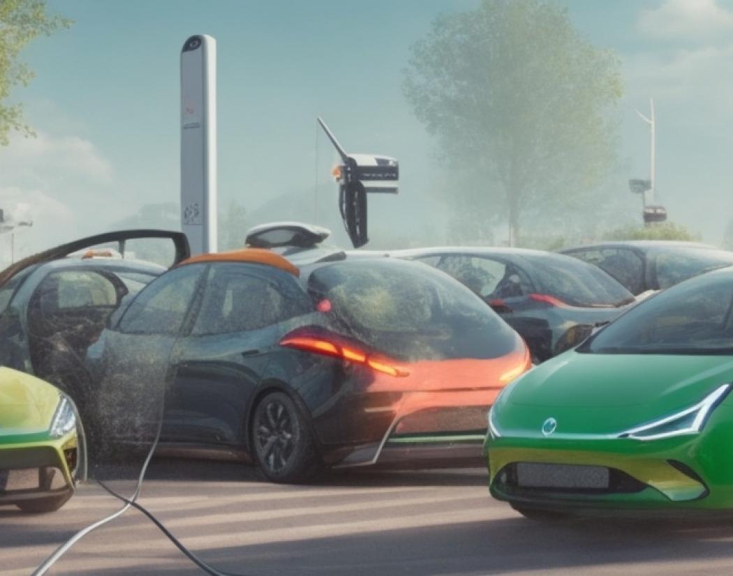 Futuristinen kuva, jossa värikkäitä tulevaisuuden sähköautoja latauksessa.