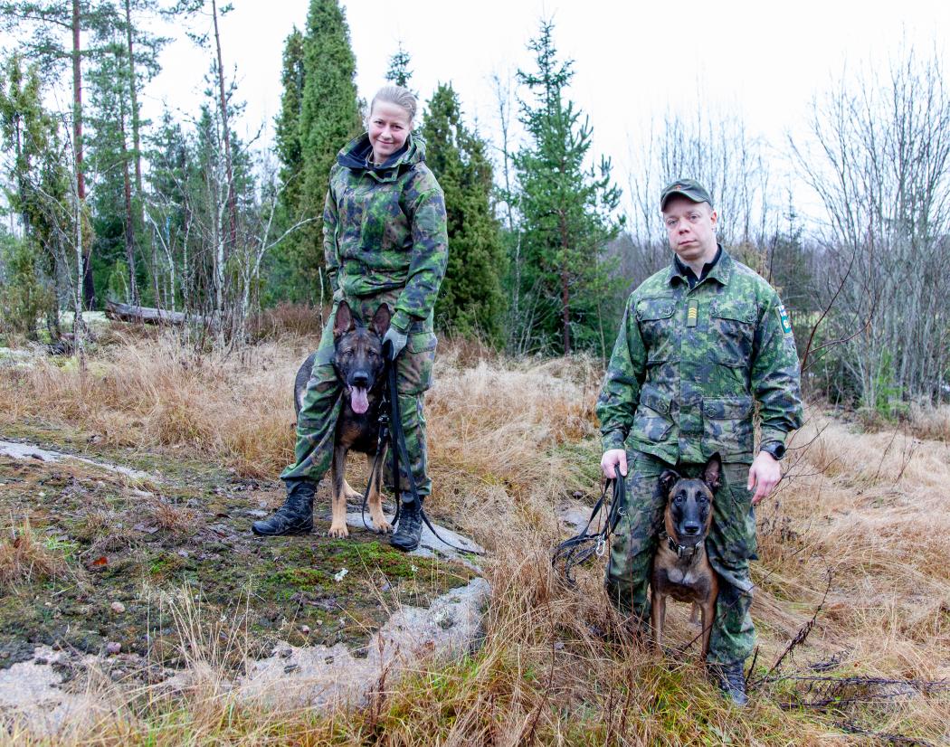 Valtteri Röykäs ja Sonja Mäkilä sotakoirineen