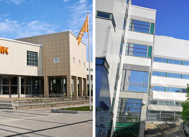 Oulun ammattikorkeakoulu ulkoa päin kuvattua ja kuvan toisella puolella Taitotalon julkisivu.