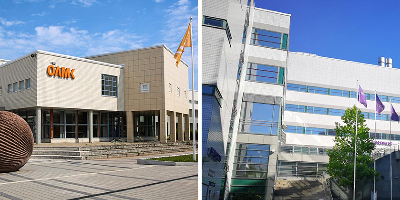 Oulun ammattikorkeakoulu ulkoa päin kuvattua ja kuvan toisella puolella Taitotalon julkisivu.