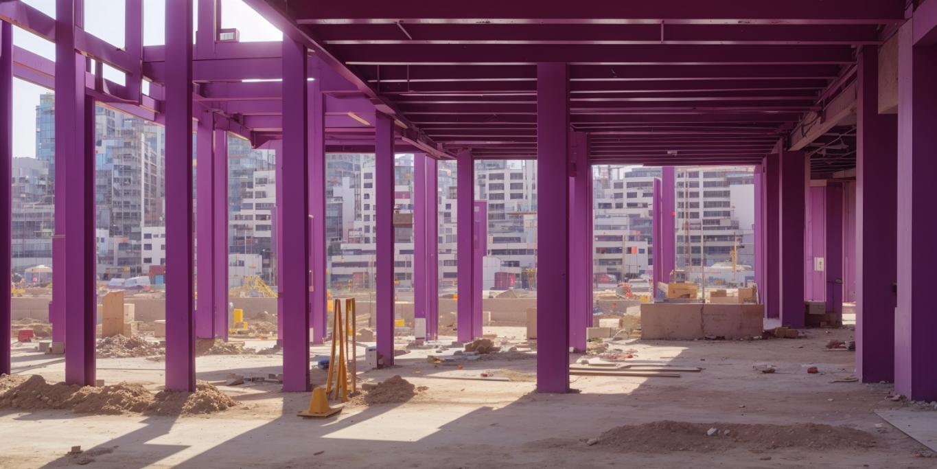 Artikkelin kuvituskuva, jossa tulevaisuuden rakennustyömaan näkymä. Edessä violetti keskeneräinen rakennus ja taustalla pilvenpiirtäsiluetti.