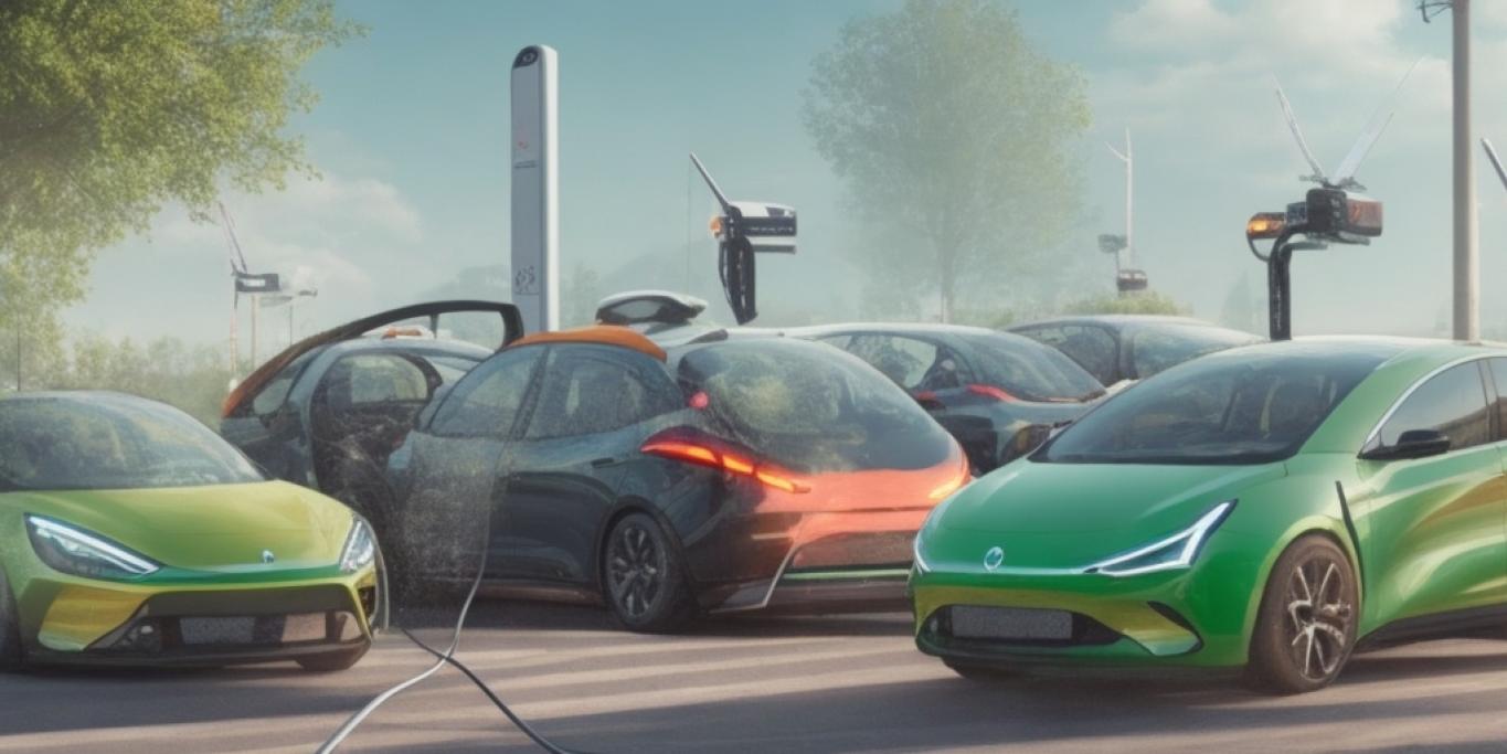 Futuristinen kuva, jossa värikkäitä tulevaisuuden sähköautoja latauksessa.