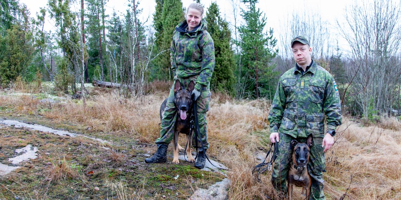 Valtteri Röykäs ja Sonja Mäkilä sotakoirineen