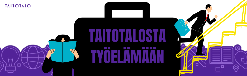Ihminen siirtyy koulutuksesta työelämään, piirroskuva