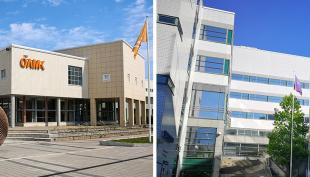 Oulun ammattikorkeakoulu ulkoa päin kuvattua ja kuvan toisella puolella Taitotalon julkisivu.