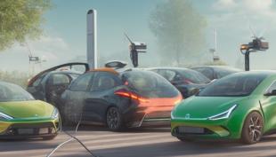 Futuristinen kuva, jossa värikkäitä tulevaisuuden sähköautoja latauksessa.